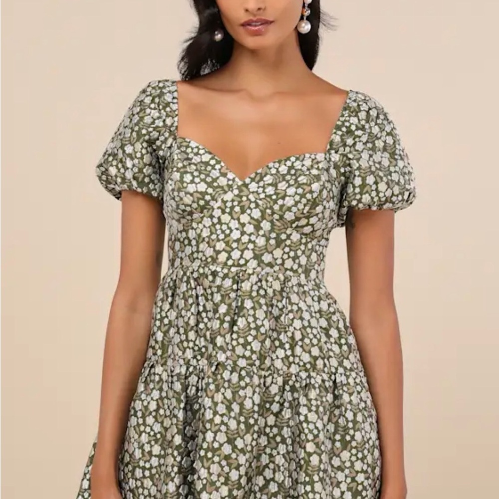 Lulu's Confident Sweetheart Olive Floral Jacquard Tiered Mini